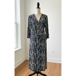 Bisou Bisou Women’s 3/4 Sleeve Wrap Dress Sz 18 – Green, White & Black Wavy Polk